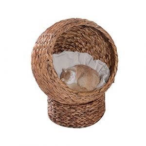 Pawhut Panier en rotin pour chats lit pour animaux avec coussin en jacinthe deau marron clair 50 x 42 x 60 cm