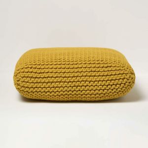 Homescapes Pouf en tricot carr&eacute; - Jaune - Tr&egrave;s grand
