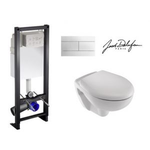 Jacob Delafon Cuvette suspendue semi carénée Brive bati support, abattant frein chute, plaque blanche