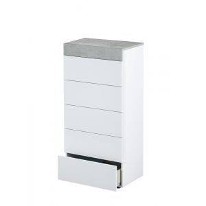Alter Commode lin&eacute;aire &agrave; cinq tiroirs, couleur blanc opaque avec d&eacute;tail du plateau en couleur b&eacute;ton, Dimensions 61 x 118 x 40