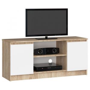 Meuble tv pour salon Akord Chêne Sonoma 120 cm 2 portes façade Blanche 2 étagères 120x40x55 cm