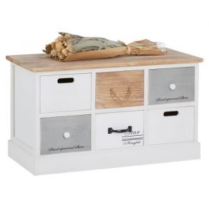 Idimex Banc de rangement SALVA meuble à chaussures coffre avec 6 tiroirs, en bois de paulownia blanc style vintage rétro