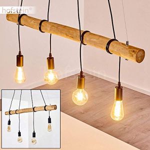 Image de Hofstein Suspension Seegaard en bois clair et m&eacute;tal noir, 4 lampes pendantes vintages id&eacute;al au dessus d'une table de salle &agrave; manger r&eacute;tro, pour 4 ampoules E27 max. 60 Watt, compatibles ampoules LED