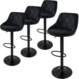 Lot de 4 Tabourets de Bar en Velours, Noir, Chaise Rembourrée avec Dossier et Repose-Pieds, Réglable en Hauteur 62-82 cm, Pivotante à 360°, Tabouret