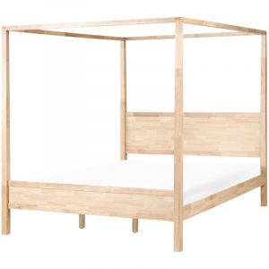 Beliani Lit &agrave; Baldaquin Moderne Minimaliste en Bois d'H&eacute;v&eacute;a 180 x 200 cm Lattes Marron Clair Hauterives