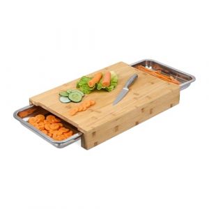 Relaxdays Planche à découper en Bambou, 2 bacs récupérateurs, Support de découpe, HxLxP : 8x45x30 cm, Nature/argenté