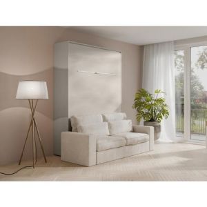 Lit escamotable 140 x 200 cm - Ouverture verticale manuelle - Avec LEDs - Beige + Canapé - RAPILI
