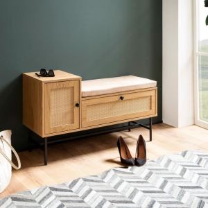 M&S Banc à chaussures 1 porte 1 tiroir 100x38x60 cm effet chêne et rotin