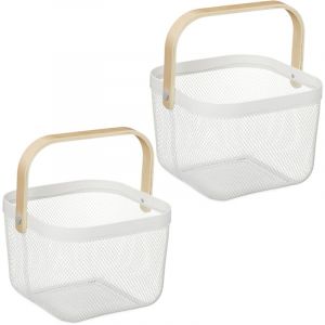 Relaxdays Panier de Rangement, Lot de 2, HxLxP : 17,5 x 26 x 24,5 cm, métal et Bambou, avec Anse, Blanc