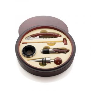 Dam Baco, ensemble de vins en bois naturel. Accessoires en acier inoxydable.