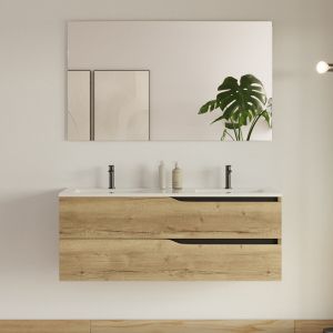 Meuble de salle de bain 120cm avec plan double vasque - 2 tiroirs - madera miel (bois clair) - LUNA