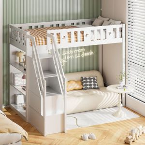 Lit mezzanine 90x200 cm, lit mezzanine ados avec échelle de rangement et étagères, cadre de lit en bois, blanc