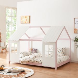 Lit cabane Tostedt pour enfant forme maison bois de pin 140 x 200 cm rose blanc [en.casa]