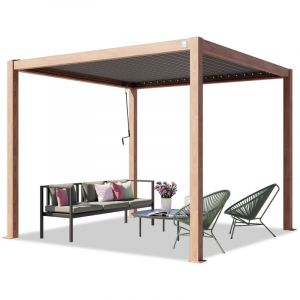 Primeyard Pergola 3x3 m poteaux aspect bois en aluminium avec lames orientables en acier pavillon