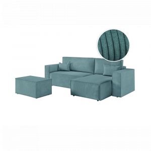 Loungitude PACK - CLARISSE - Canap&eacute; d'angle convertible r&eacute;versible avec pouf en velours c&ocirc;tel&eacute; - Bleu clair