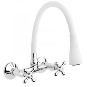 Invena Robinet Cuisine Mitigeur Blanc Mural Manettes Croisillons Roma Bec Flexible