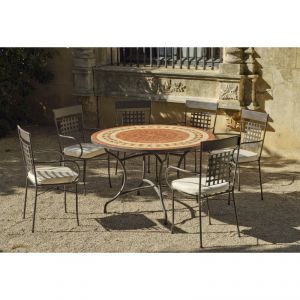 Image de Hévéa Lorny - Table de jardin ronde 120 cm et 6 fauteuils avec coussins