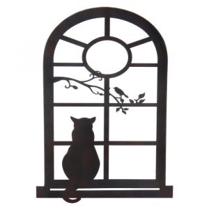 D&eacute;coration Murale en M&eacute;tal Fen&ecirc;tre avec Chat Applique suspension de 70x50cm
