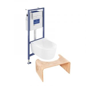 Villeroy & Boch Pack WC sans bride Avento + Bâti support + abattant frein de chute + plaque chromée mat + Tabouret bois