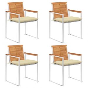 VidaXL Lot de 4 chaises de jardin en bois d'acacia et acier avec coussins blanc cr&egrave;me