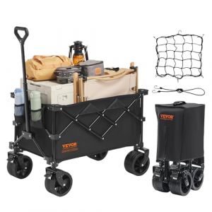 VEVOR Chariot de Jardin Pliable, Chariot de Transport de Plage 113 L Charge Max 250 lb avec Roues Tout Terrain, Porte-Boissons, Chariot de Sport Robuste pour Camping, Shopping, Jardin, Extérieur, Noir