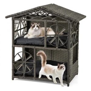 Niche pour Chat Exterieur en Rotin PE à 2 Étages, Maison pour Chat Interieur, 2 Coussins Amovibles, Toit, Fenêtre, Patins Antidérapants,69 x 41 x 70cm