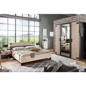 Pegane Chambre &agrave; coucher compl&egrave;te adulte (lit 160x200 cm + 2 chevets + armoire + commode) coloris ch&ecirc;ne