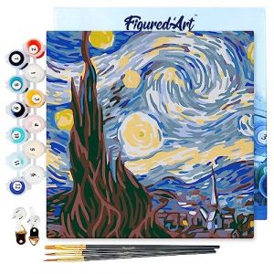 Figured'Art Mini Peinture par Numéro Adulte 20x20cm avec cadre Van Gogh Nuit Etoilée - Petit Format Kit de Loisir Créatif DIY Numéro d'Art Complet