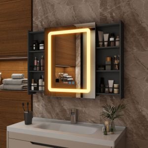 Armoire de salle de bain murale Puluomis avec miroir LED, miroir de courtoisie éclairé, température de couleur réglable, affichage de l'heure et de