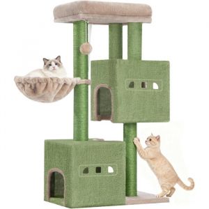 Image de Arbre &agrave; Chat,Tour de Jeux 98 cm, Meubles de Maison pour Chats avec 2 Niches, Grande Plate-Forme, Sisal Griffoir, Hamac, Vert Brun
