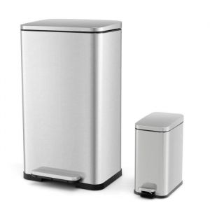 Lot de 2 Poubelles Cuisine &agrave; P&eacute;dale - COSTWAY - 40L et 6L, en Acier Inox. Couvercles en Douceur, Anti Traces ni Odeurs
