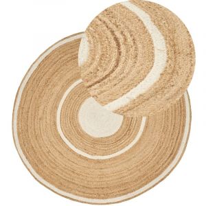 Beliani Tapis Rond en Jute Tressé Beige et Blanc 140 cm Fait Main de Style Boho Halfeli