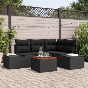 Ensemble de canapé de jardin 5 pièces avec coussins en poly rattan noir et acacia