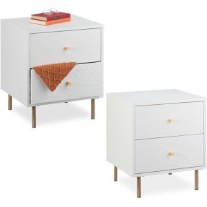 Relaxdays Table de Nuit avec 2 tiroirs, Lot de 2, Table de Chevet, HLP : 52x45x40 cm, chambe et Salon, Blanc/doré