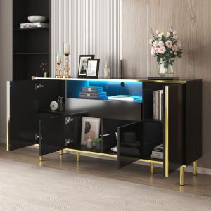 Buffet 150x40x80cm &Eacute;clairage LED accents dor&eacute;s Haut brillant MDF et panneau de particules Noir