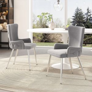 Chaise de salle &agrave; manger, fauteuil, velours, pieds argent&eacute;s, style luxe l&eacute;ger, 2 pi&egrave;ces, gris