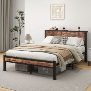 Lit 140x200 cm, lit adulte double, t&ecirc;te de lit avec rangement, cadre de lit en m&eacute;tal et MDF, sans matelas, marron
