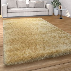 Paco Home Tapis Salon Chambre Adulte Poil Long Shaggy Uni Pelucheux Moderne Or, 160 cm rond