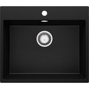 Vier Cusine en Granit 58x50 cm Lavabo Cuisine 1 Bac + Kit de Vidage, Évier au meuble 60cm Évier à Encastrer de Primagran Noir Metallic