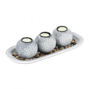 Relaxdays Porte-Bougies avec Plateau, 35 cm, Pierres d&eacute;coratives, d&eacute;co de Table, Salon, Chambre, bougeoir, Gris/Blanc