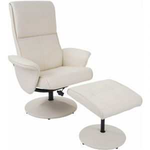 Décoshop26 Fauteuil TV de rela par ation pivotant avec tabouret rembourrage confortable et au dossier haut en simili cuir crème