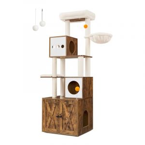 Arbre à Chat - FEANDREA - Moderne avec Cache-litière Tour de Jeu et Griffoir - 180 cm - Marron Rustique