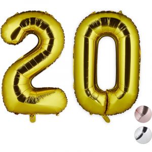 Image de Relaxdays Ballon chiffre numéro 20 gonflable anniversaire décoration géant mariage fête hélium 85-100 cm XXL, dore