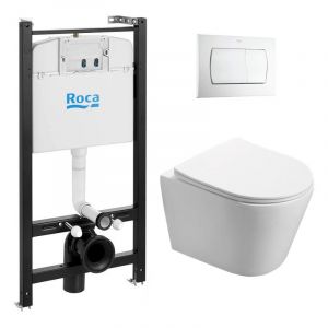 Swiss Aqua Technologies Pack Bâti-support Roca Active + WC sans bride SAT Infinitio + Abattant slim, softclose + Plaque Blanche