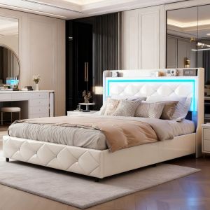 Lit coffre 140x190 - PU Blanc - &Eacute;clairage LED - Ports USB et Type-C - 2 places