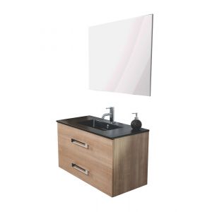 Meuble à suspendre 90 cm finition effet bois miel deux tiroirs avec miroir simple LENCA Ondée