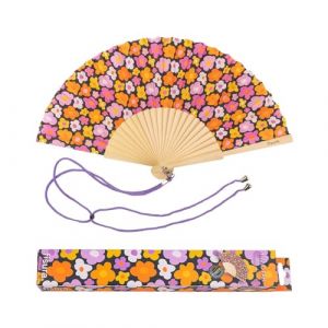 Fisura Éventail original - Éventail moderne de fleurs vintage. Noir avec fleurs. Éventail avec cordon pour éventail. 425 x 23 cm