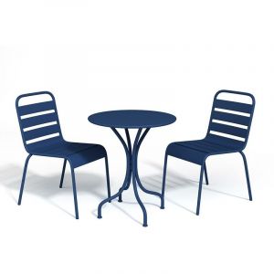 Image de Salle &agrave; manger de jardin en m&eacute;tal une table D 60cm et 2 chaises empilables bleu nuit MIRMANDE Bleu nuit