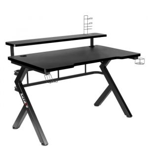 Huzaro Noir Hero 5.0 Bureau d'ordinateur Table de Jeu 120 cm x 60 cm Plateau avec revêtement Carbone Crochet pour Casque gobelet Porte-Pieds, Bois