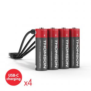 Thomson Lot de 4 Piles AA / LR06 Li-ion 1.5V rechargeables par USB-C avec c&acirc;ble multi USB - 520300